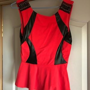 Bebe red and black peplum top/studded shoulders